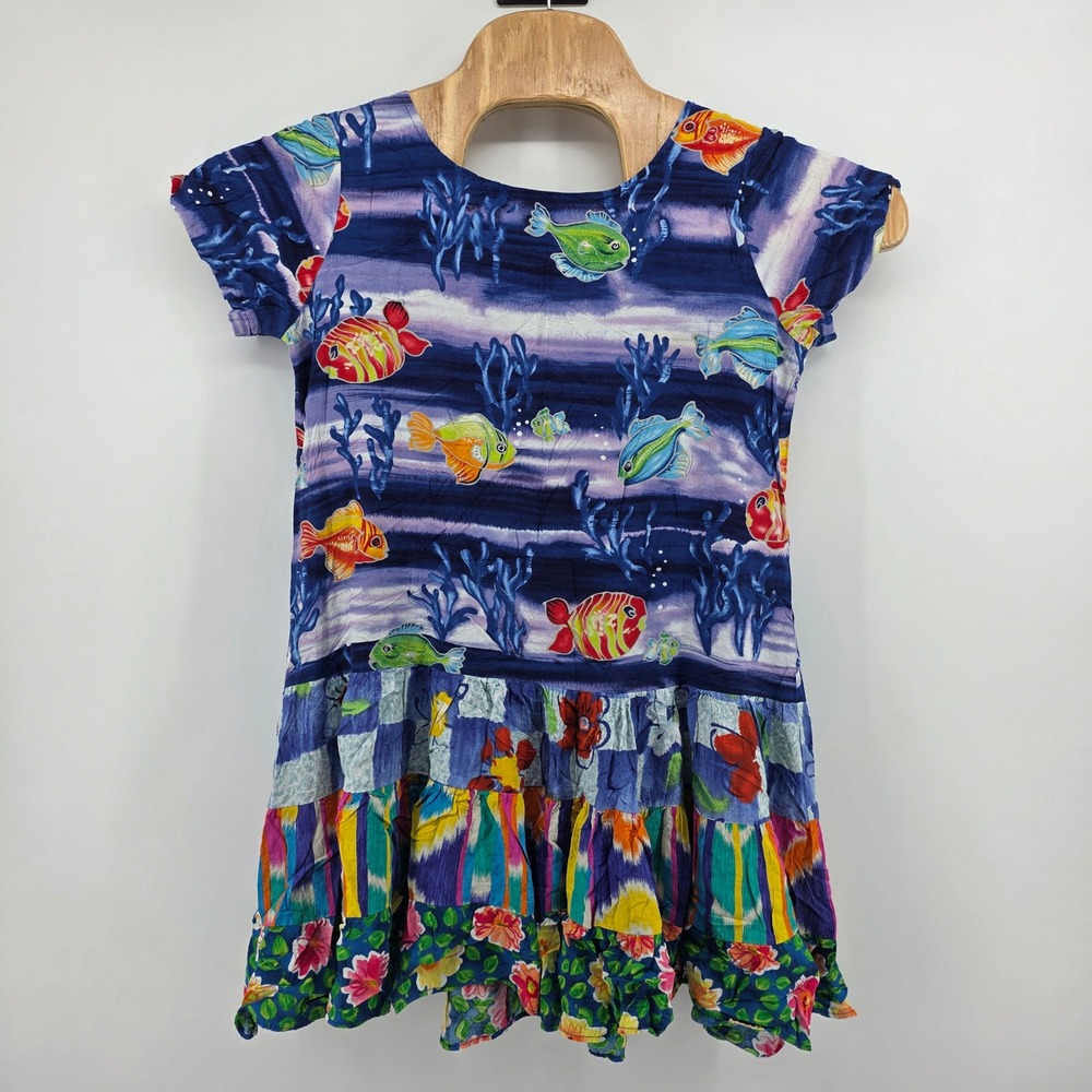 Jams World Womens Blue Tropical Fish Coral Reef Tiered Ruffle Mini Dress Medium